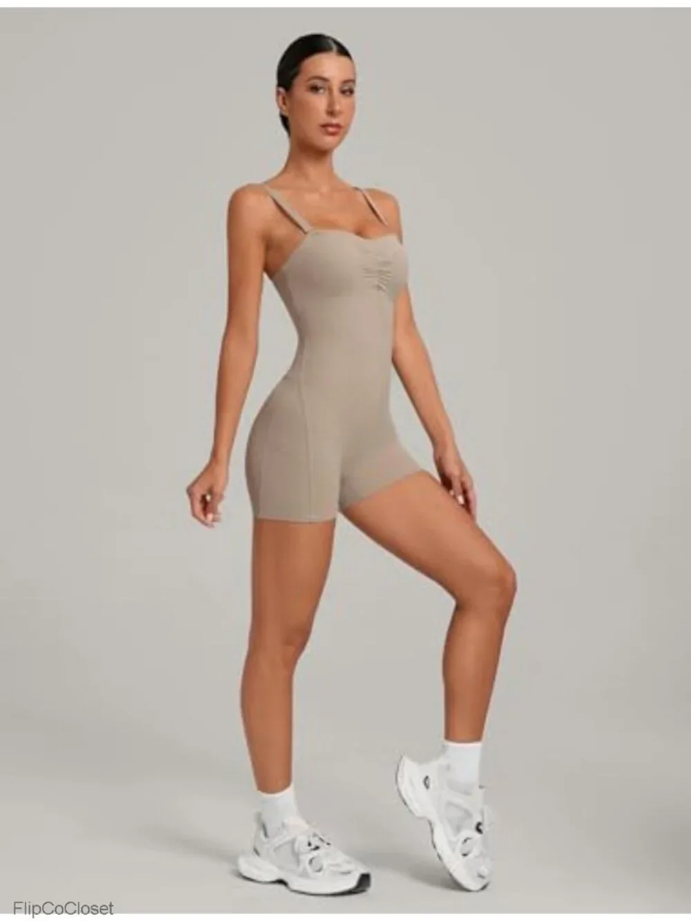 Womens Workout Romper with Pockets Adjustable Straps Backless Jumpsuit